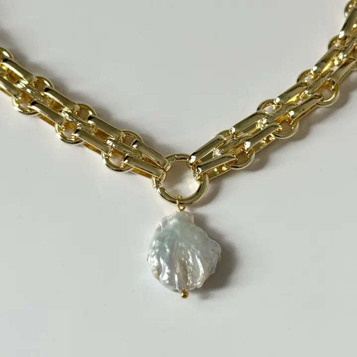 Ovo Pearl Chain Link Necklace, view 2, styled