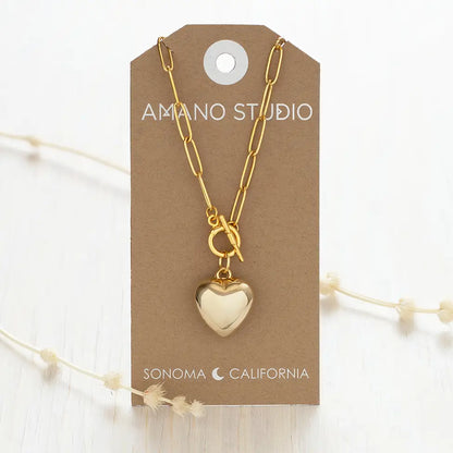 Puffed Heart On Toggle Chain Necklace, view 2