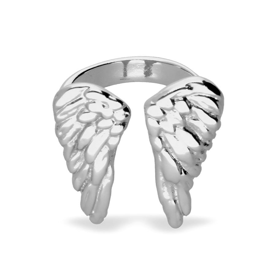 Silver angel wing ring on a white background
