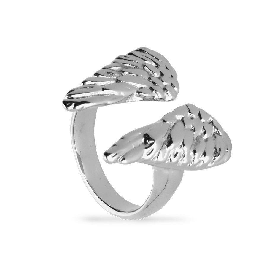 silver angel wing ring on white background