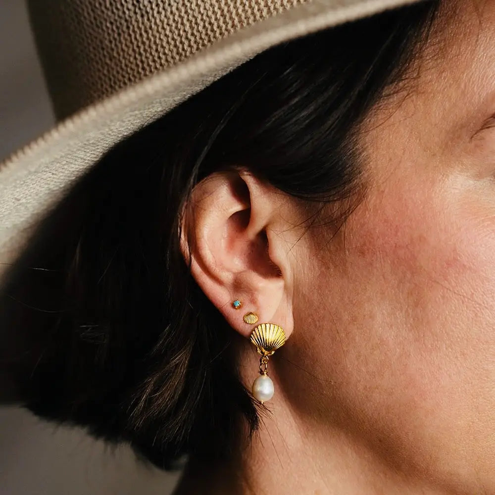 Shell and Pearl Stud Drop Earrings, view 2