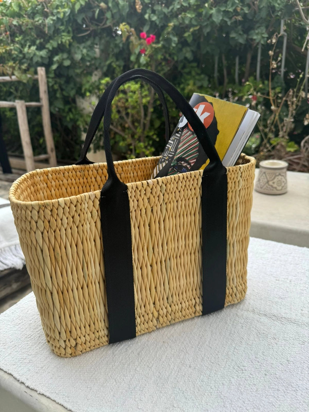 Small Straw Beach Basket with Black Straps