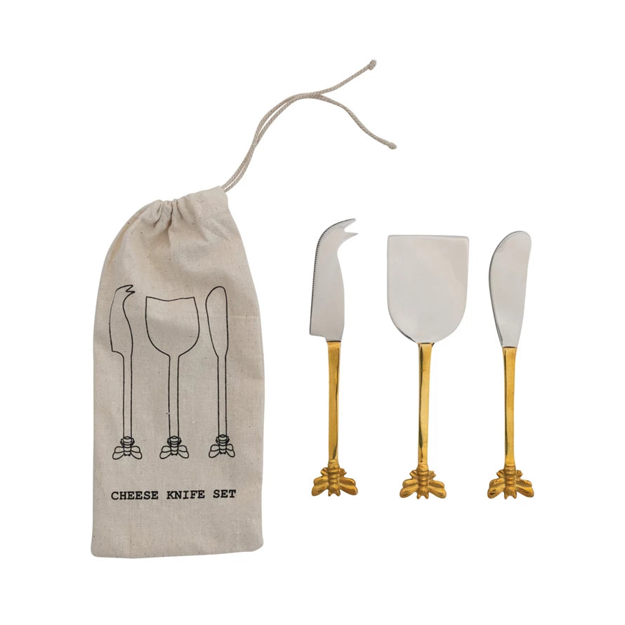 Stainless & Brass Bee Cheese Knives Set/4