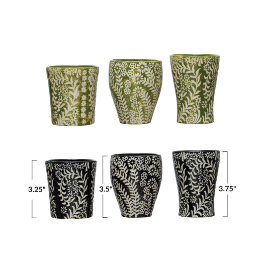 Stoneware Cup w/ Wax Relief Floral Pattern