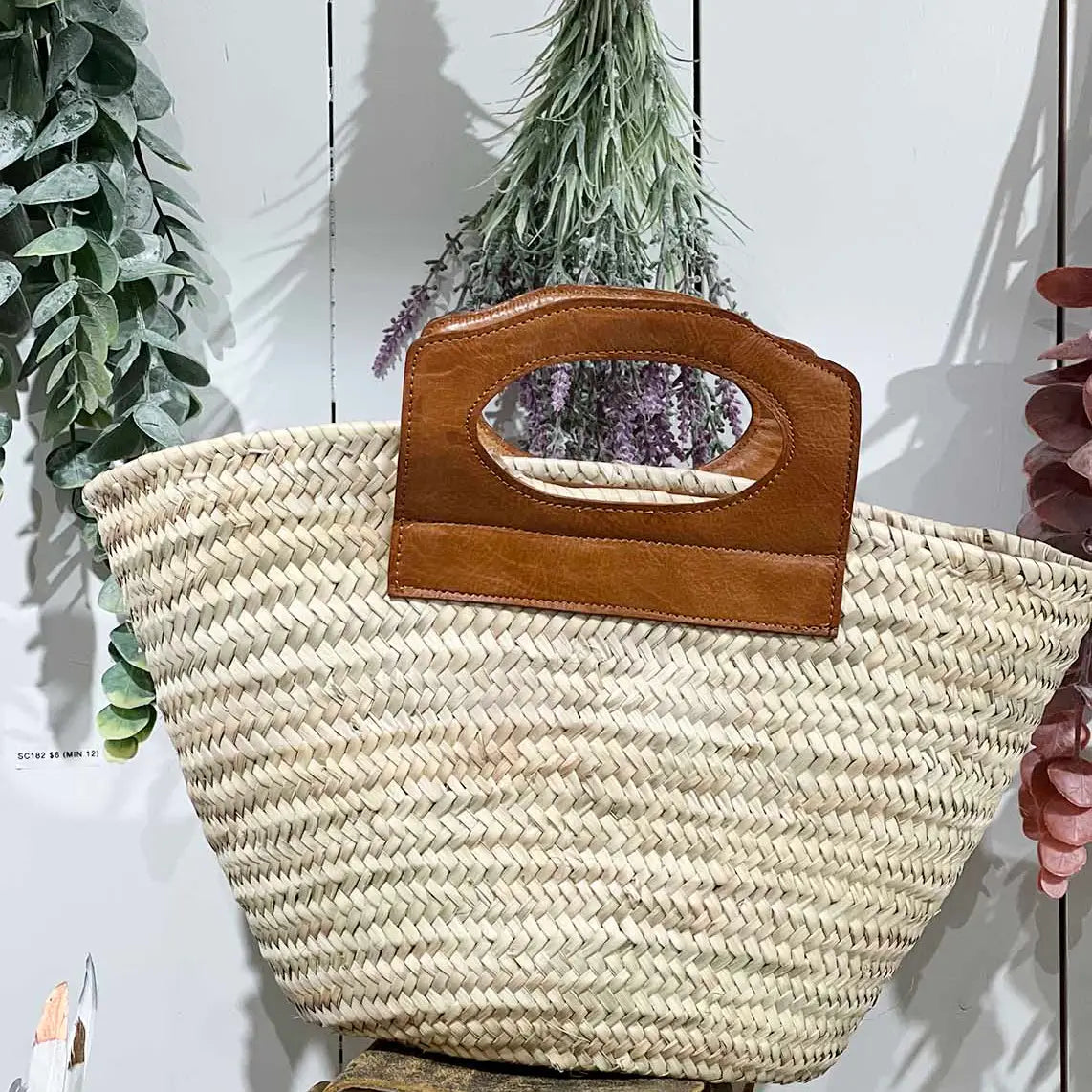 Straw Tote with Large Leather Handles, view 2