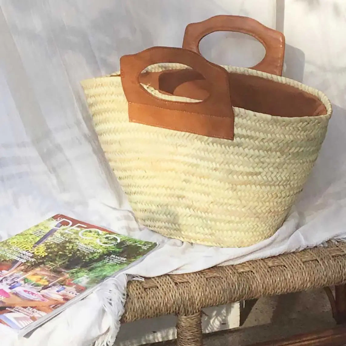 Straw Tote with Large Leather Handles