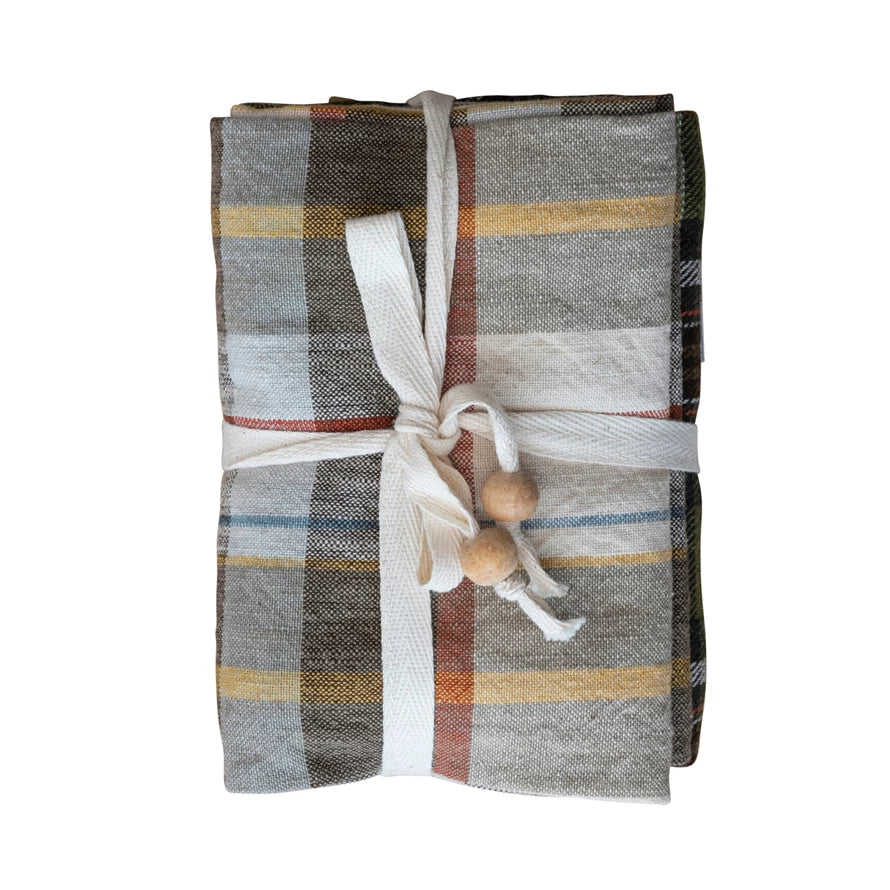 Plaid Tea Towels w/ Wood Beads Set/3