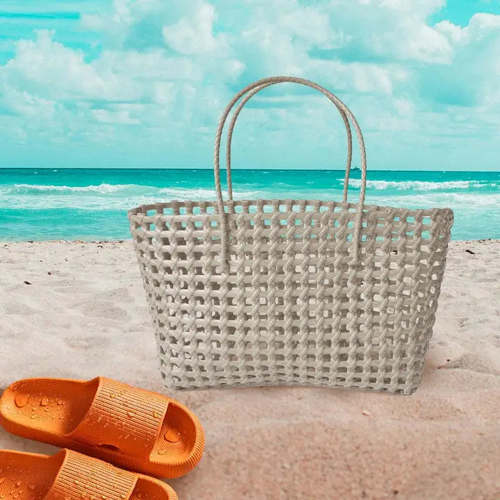 Recycled Plastic Woven Tote Bag, view 2, styled