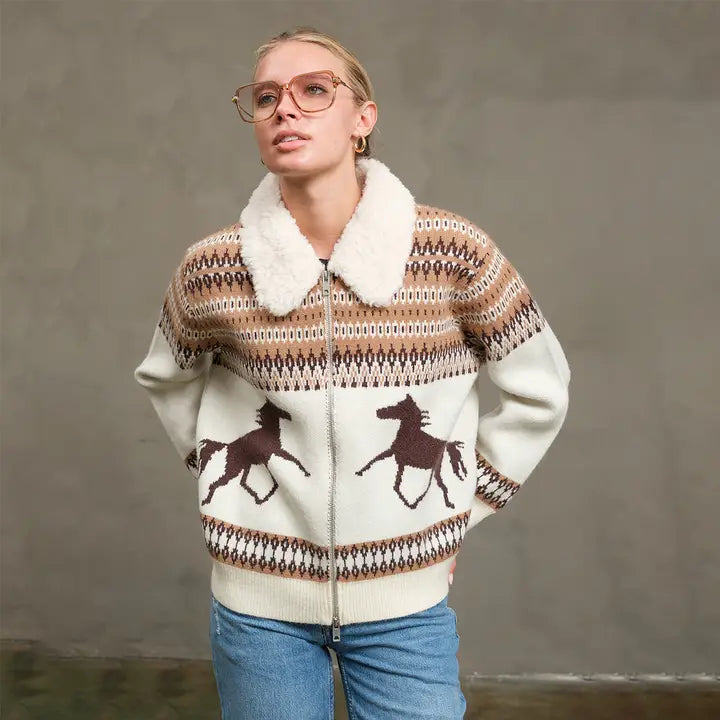 Western Horse Knit Zip-Up Jacket