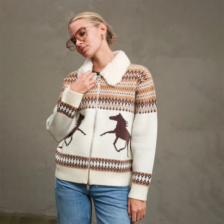 Western Horse Knit Zip-Up Jacket