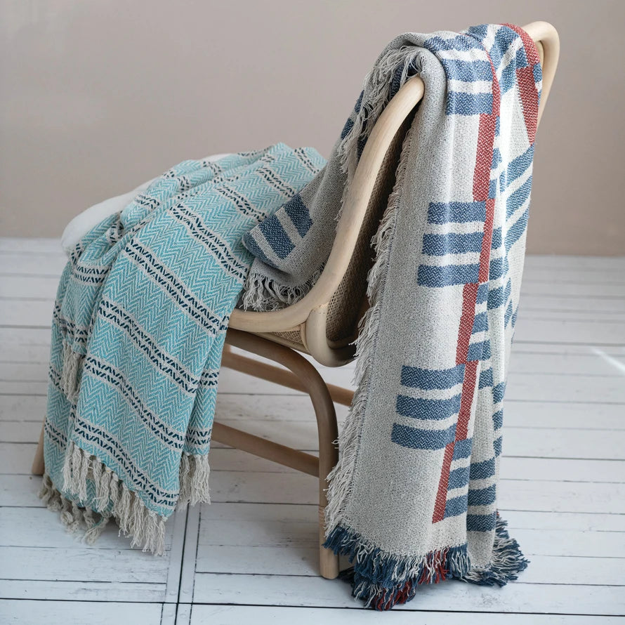Woven Cotton Striped Throw with Fringe, view 3