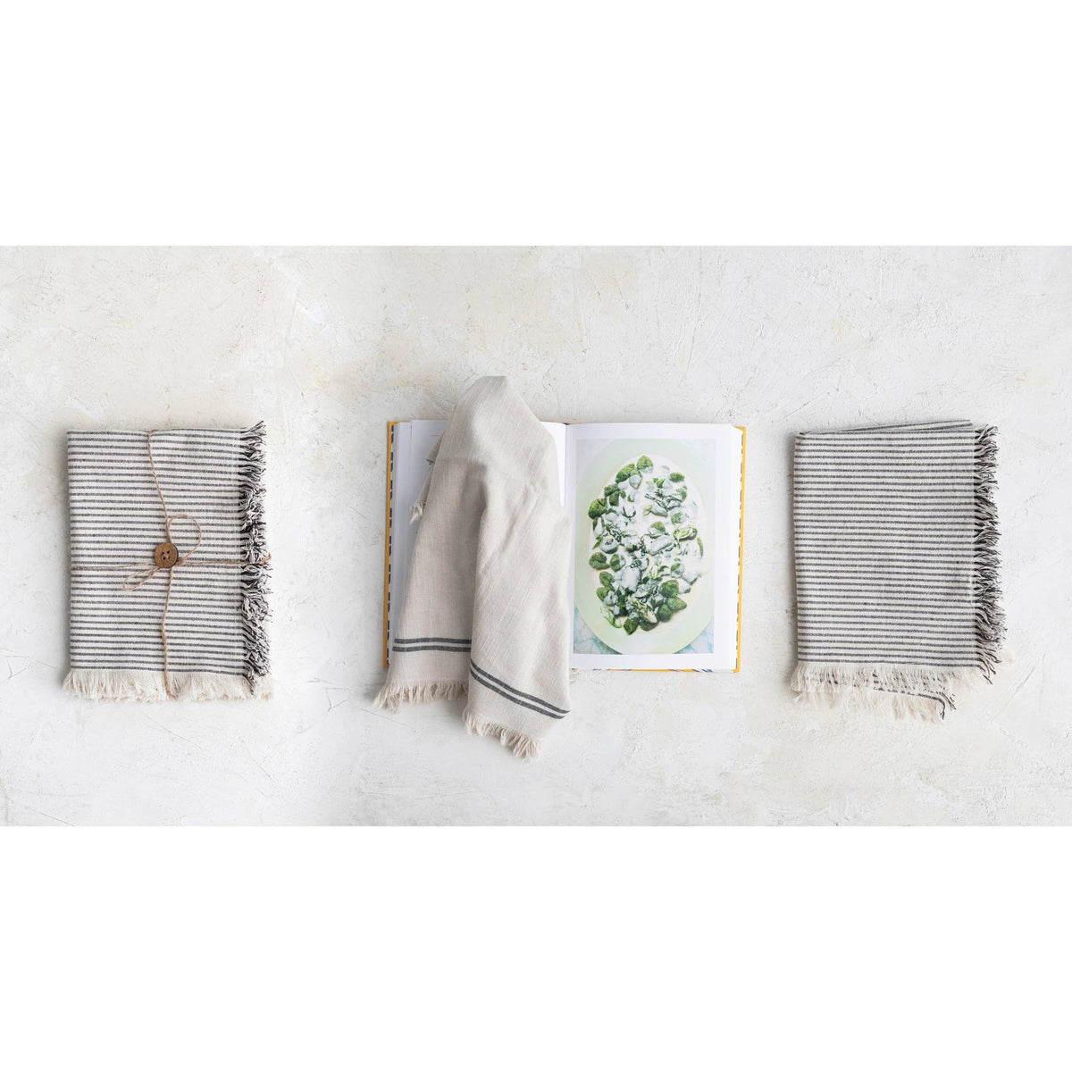 Cotton Tea Towels with Stripes and Fringe, set of 2