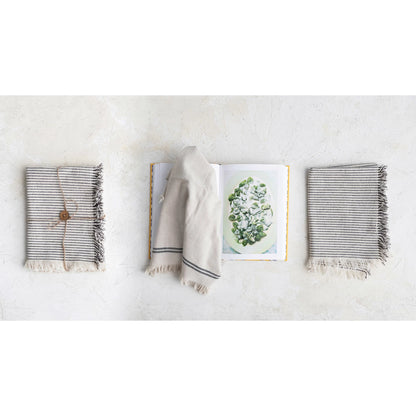 Cotton Tea Towels with Stripes and Fringe, set of 2