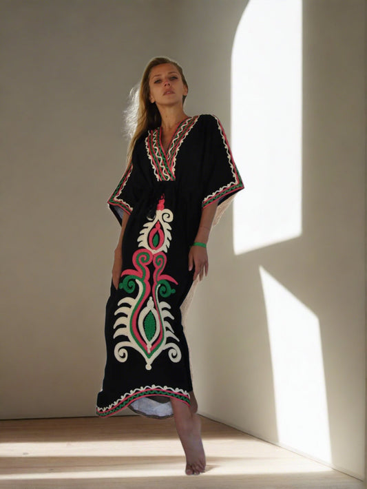 Black Embroidered Kaftan Dress - The Riviera Towel Company