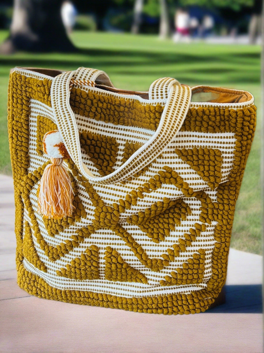 Boho Woven Pom Pom Tassel Tote Bag