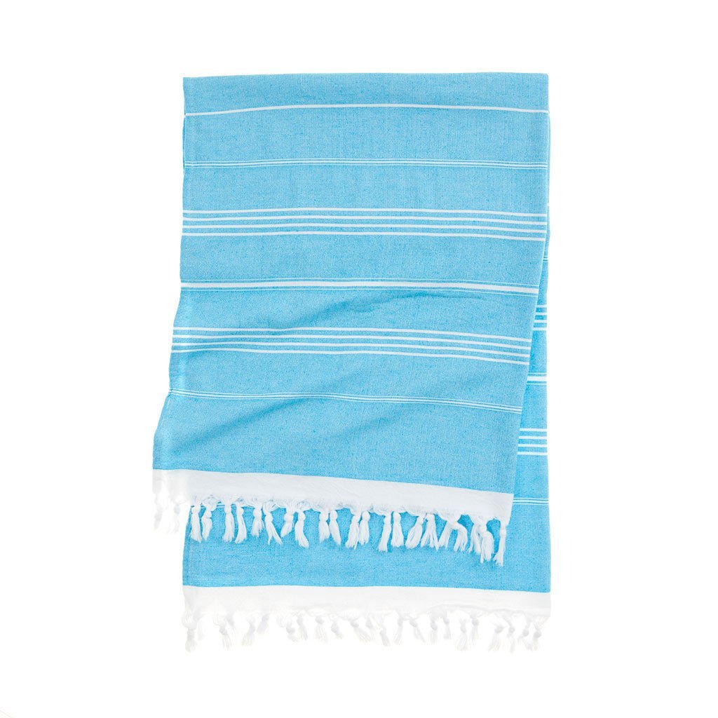 Riviera Towel Company striped towel rolled and tied with tassels