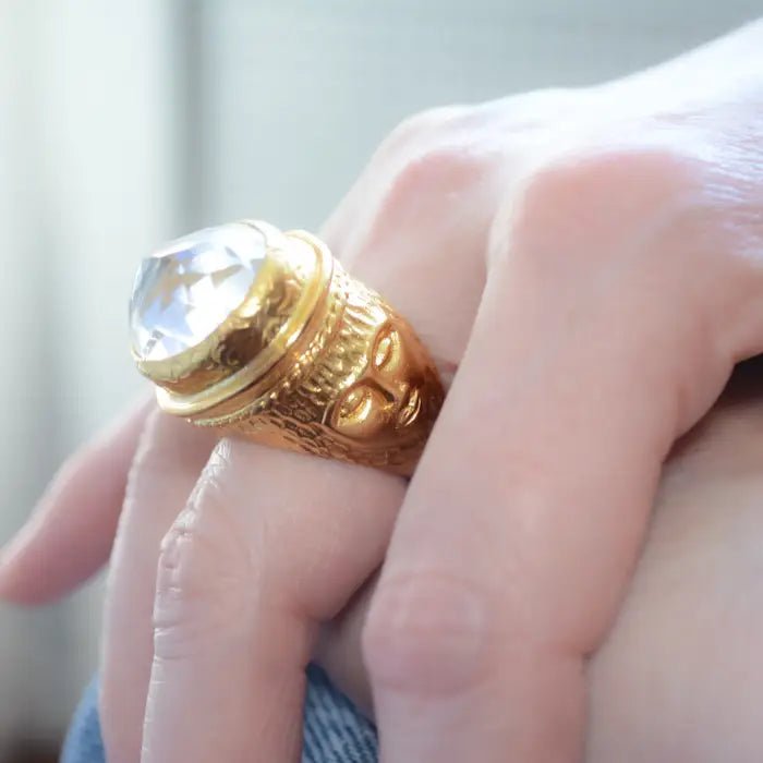 Gold Coin Ring with Faceted Clear Crystal