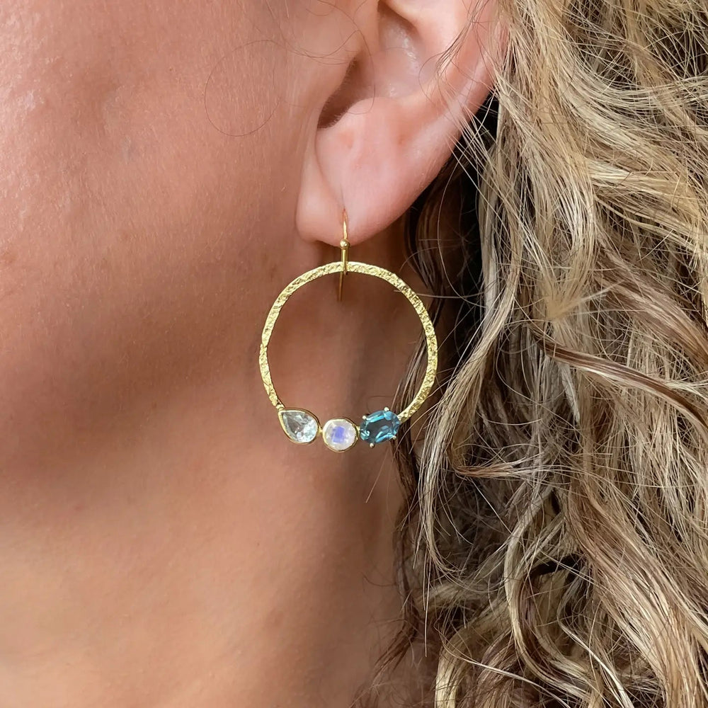 Hammered Hoops with Blue Topaz and Moonstone