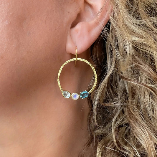 Hammered Hoops with Blue Topaz and Moonstone - The Riviera Towel Company