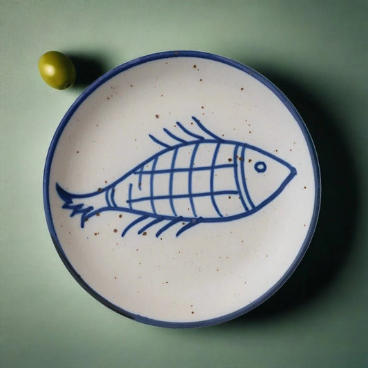 Hand - Painted Stoneware Plate w/ Fish - The Riviera Towel Company