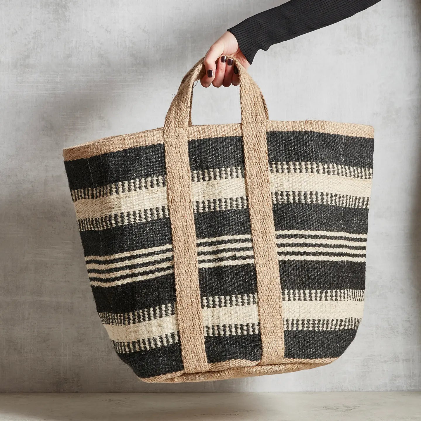 Jute Basket Bag - Black with Ivory - The Riviera Towel Company