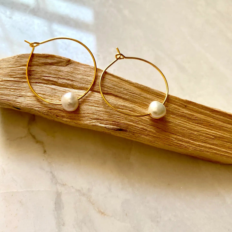 Medium Freshwater Pearl Gold Hoops - The Riviera Towel Company, styled