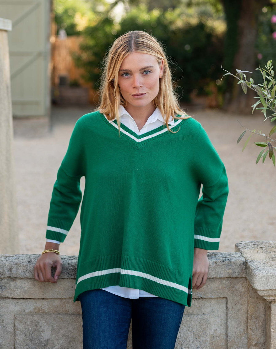 Montauk V-Neck Sweater, view 2, styled