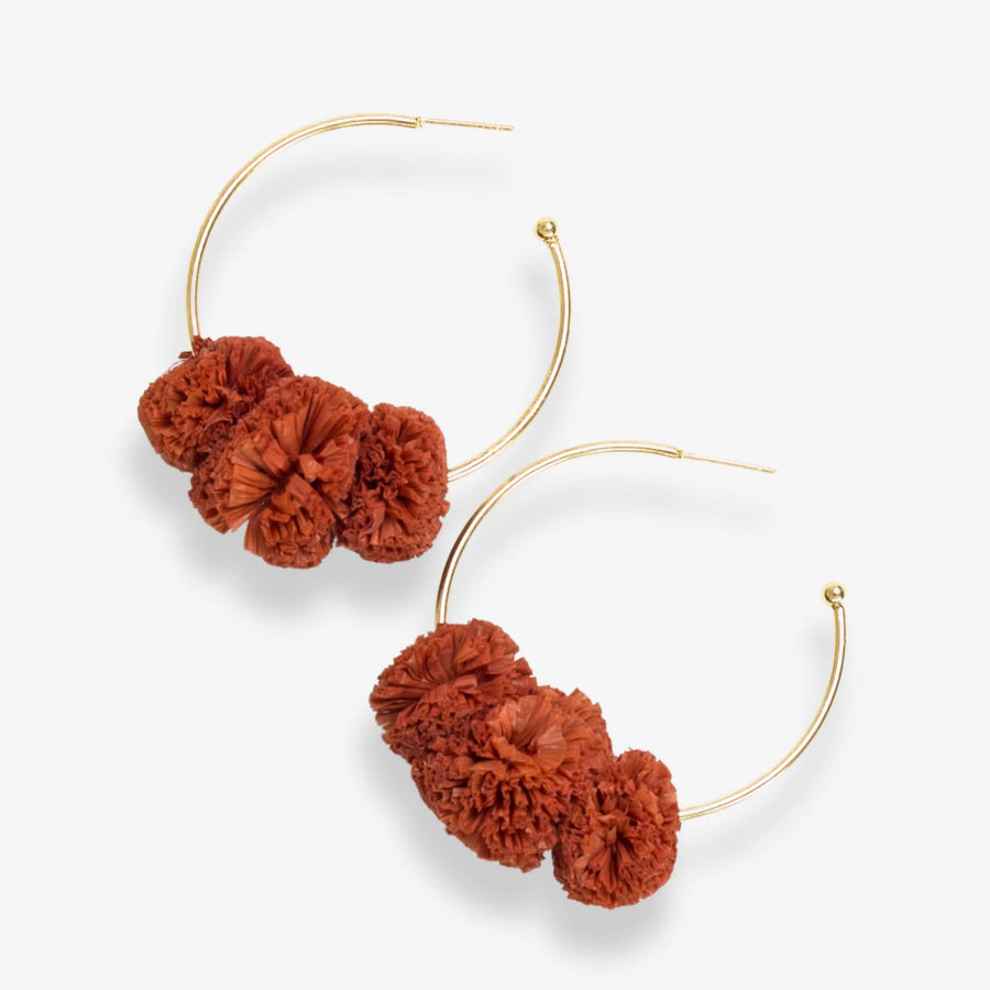 Rita Raffia Poms Hoop Earring, view 2, styled