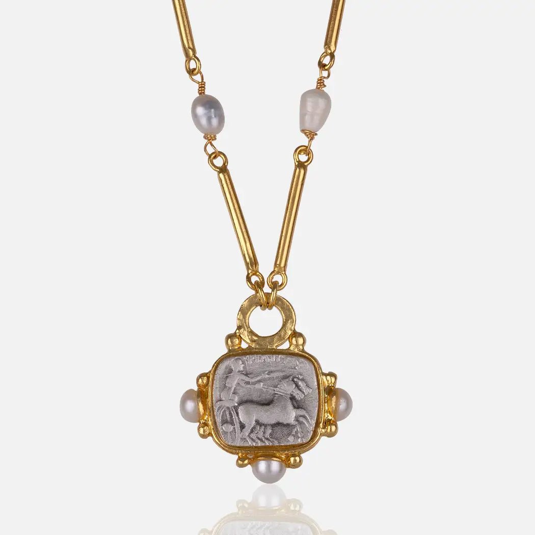 Roman Coin Necklace with Pearl Accents - The Riviera Towel Company