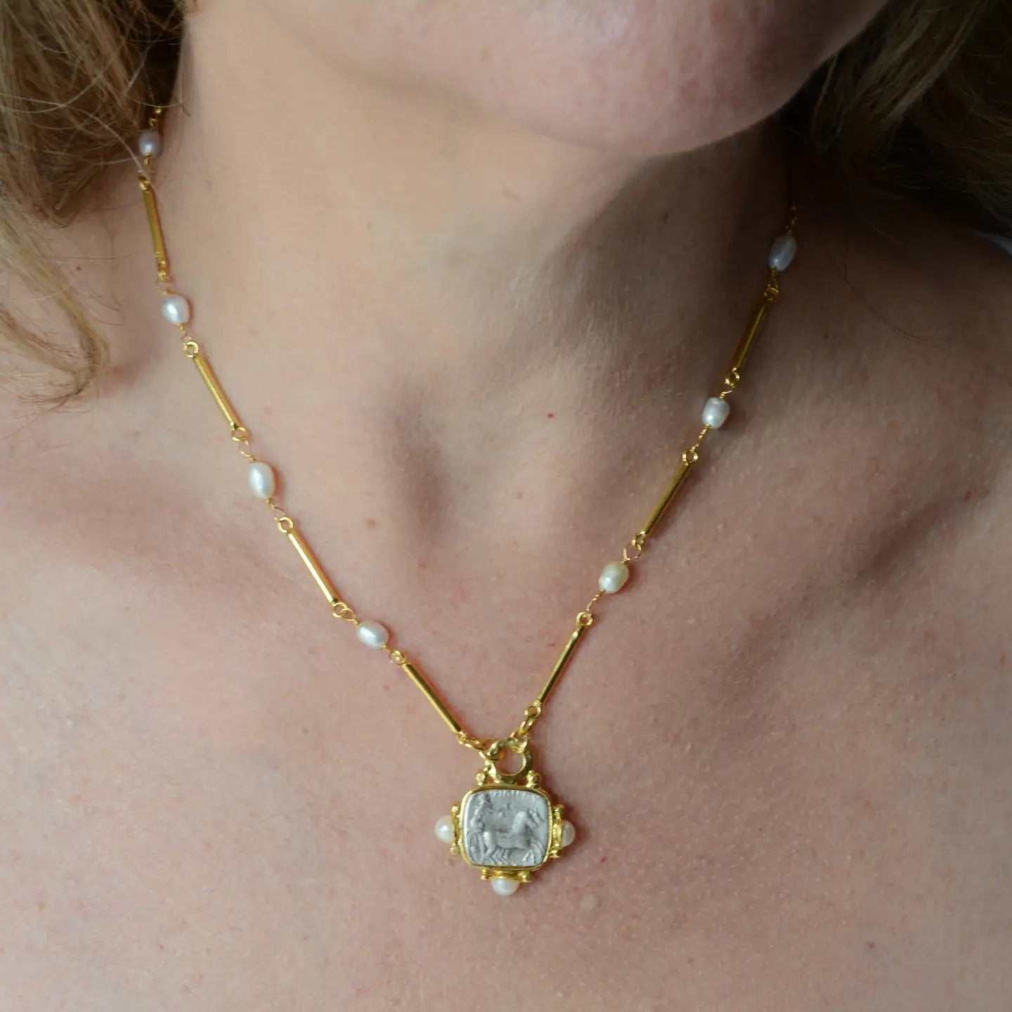 Roman Coin Necklace with Pearl Accents - The Riviera Towel Company