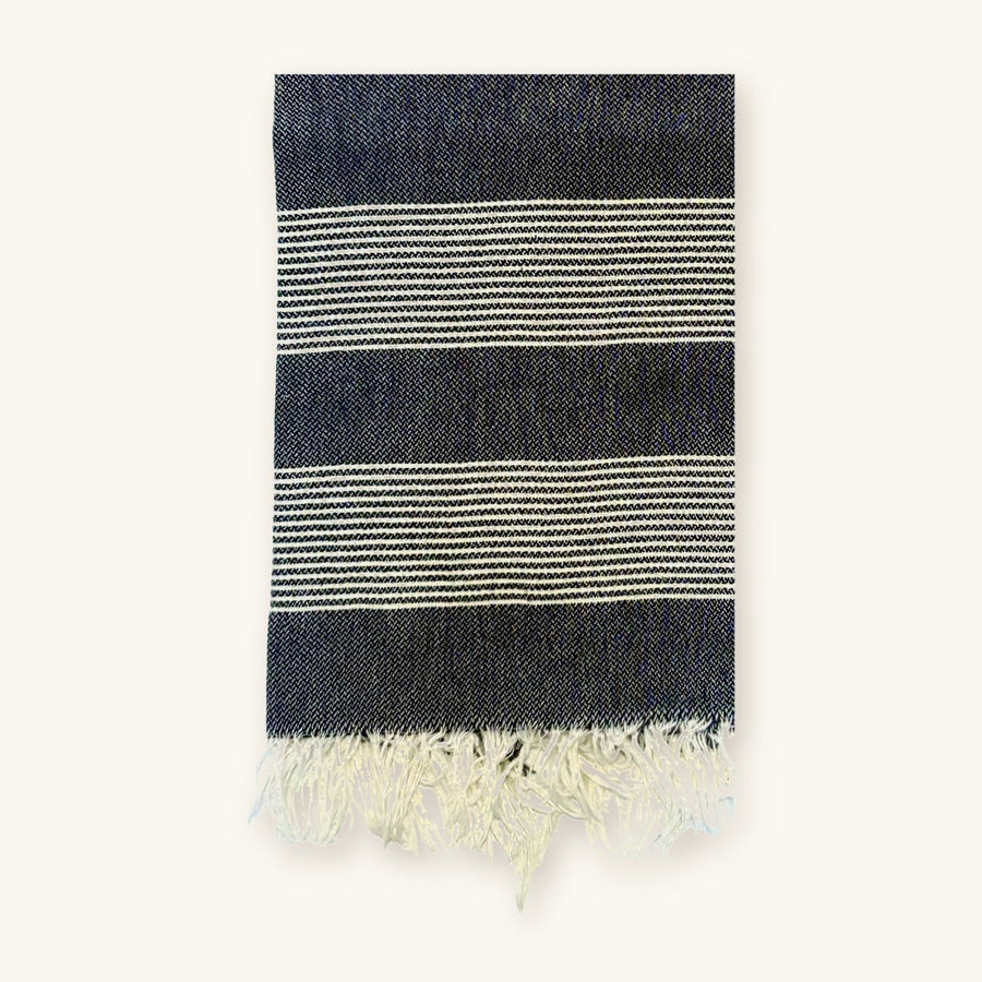 Sorrento Turkish cotton hand towel in black with white pinstripes and hand-tied fringe