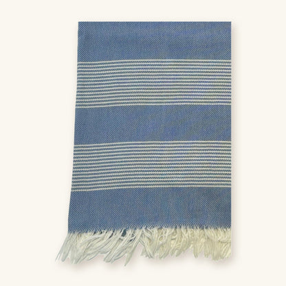 Sorrento Turkish cotton hand towel in denim blue with white pinstripes and fringe