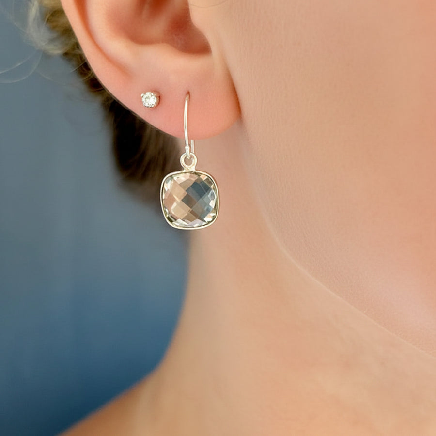 Faceted Green Amethyst Earrings, view 2, styled