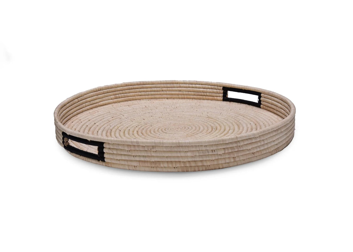 Black Handles & Natural Raffia Round Tray