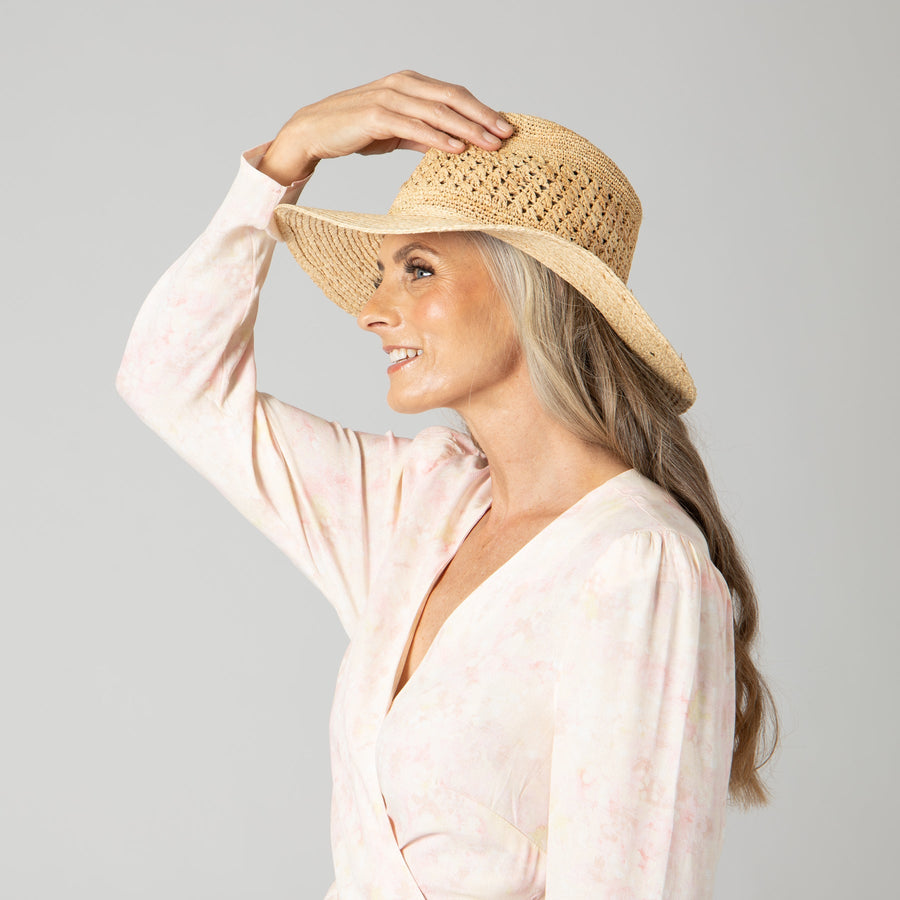 Raffia Fedora Crochet Crown, view 2, styled