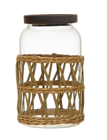 Glass Canister w/ Acacia Wood Lid & Woven Sleeve - The Riviera Towel Company