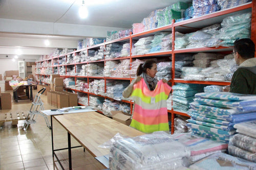 Shelves of finished towels in the warehouse